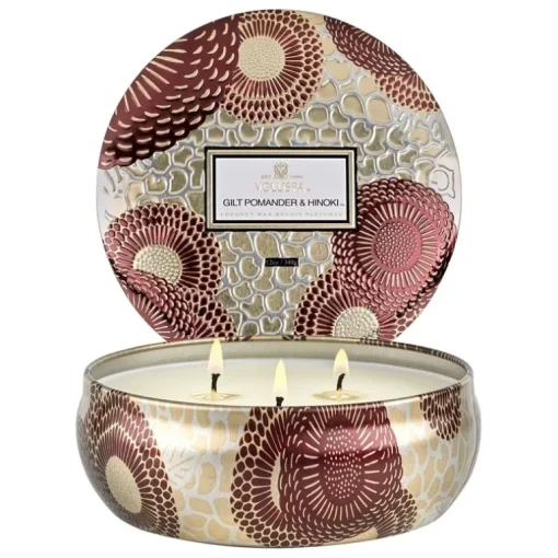 Voluspa 3-Wick Candle Decorative Tin Gilt Pomander & Hinoki 340g