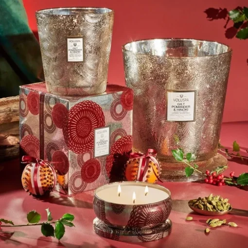 Voluspa 3-Wick Candle Decorative Tin Gilt Pomander & Hinoki 340g